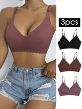 3pcs Wavy Trim Seamless Bralettes, Comfortable & Breathable Wireless Intimates Bras, Women&
