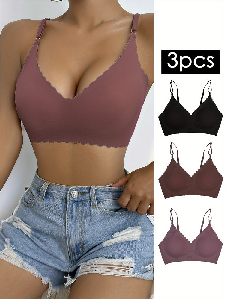 3pcs Wavy Trim Seamless Bralettes, Comfortable & Breathable Wireless Intimates Bras, Women&