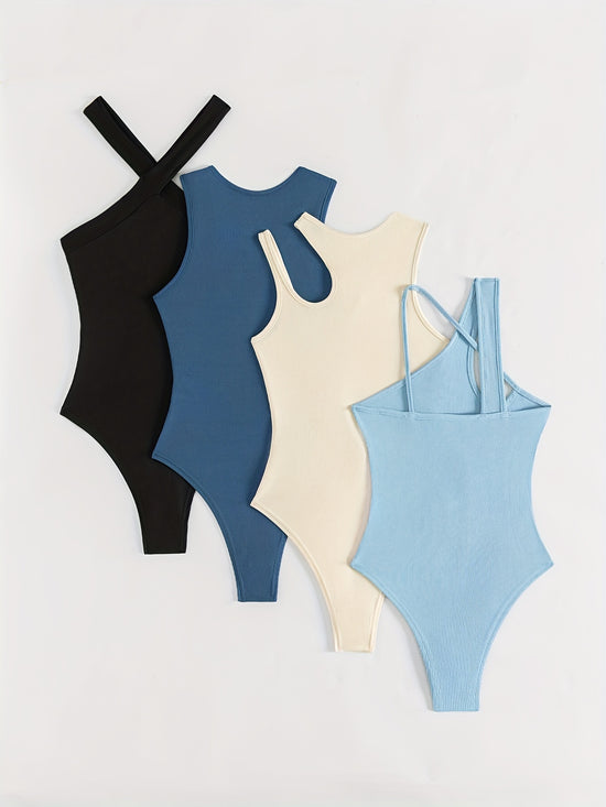 4 Pack Solid Bodysuits, Casual Asymmetrical Shoulder Bodysuits, Women&