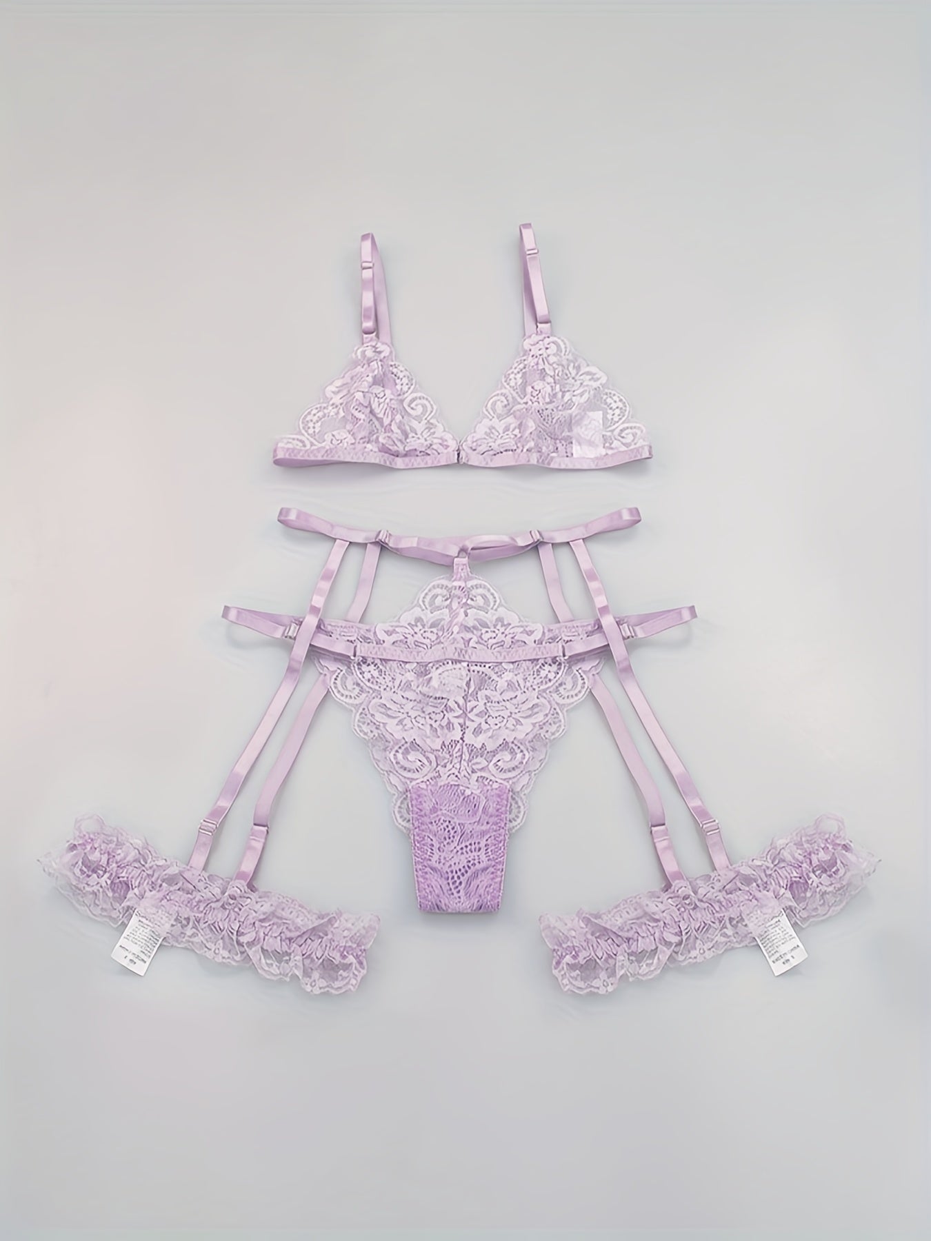 Sultry Floral Lace Lingerie Set - Sheer Bra, Garter Belt, G-String, Leg Ring - Women&