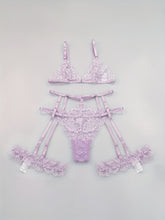 Sultry Floral Lace Lingerie Set - Sheer Bra, Garter Belt, G-String, Leg Ring - Women&