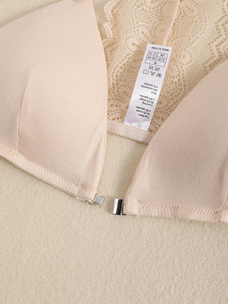 Triangle Cups Front Buckle Bras, Lace Stitching Beauty Back Bra With Removable Pads, Women&