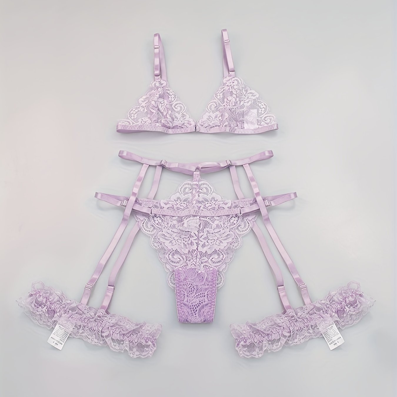 Sultry Floral Lace Lingerie Set - Sheer Bra, Garter Belt, G-String, Leg Ring - Women&