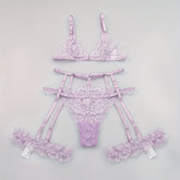 Sultry Floral Lace Lingerie Set - Sheer Bra, Garter Belt, G-String, Leg Ring - Women&