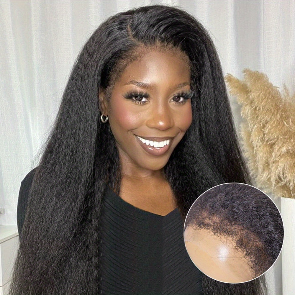 Kinky Straight 4C Edges Wig Human Hair 13x4 Lace Front Human Hair Wigs Yaki Straight Lace Front Wig For Women Brazilian Remy Human Hair Wig With Curly Baby Hair 18-30 Inch Natural Color - Lena & Miles Exquisite Boutique LLC.