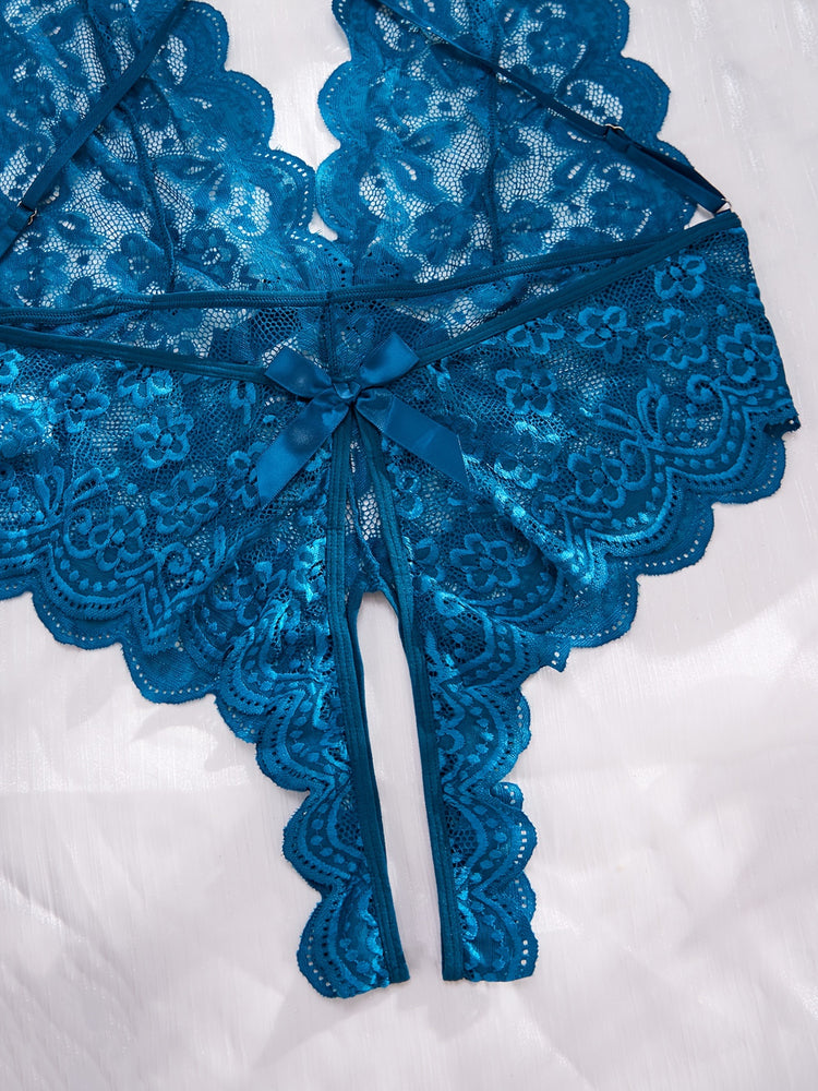 Plus Size Seductive Floral Lace Bodysuit - Plunging Halter Neck, Open Crotch, Medium Stretch, Sheer, Knit Fabric, Polyester Material - Sexy Lingerie for Women - Lena & Miles Exquisite Boutique LLC.