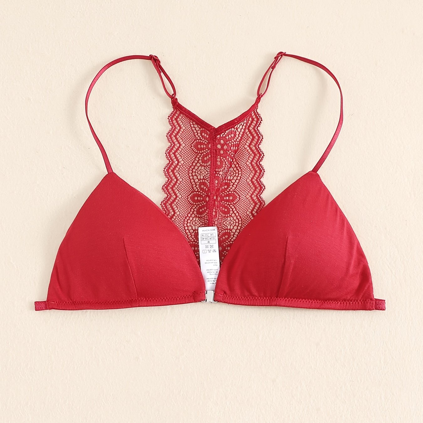 Triangle Cups Front Buckle Bras, Lace Stitching Beauty Back Bra With Removable Pads, Women&
