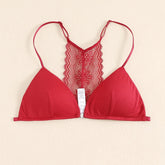 Triangle Cups Front Buckle Bras, Lace Stitching Beauty Back Bra With Removable Pads, Women&