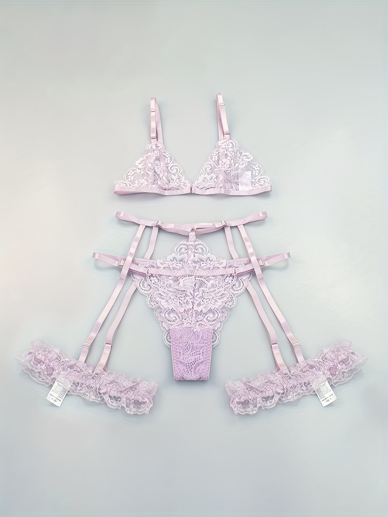 Sultry Floral Lace Lingerie Set - Sheer Bra, Garter Belt, G-String, Leg Ring - Women&