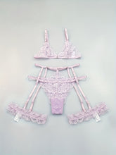 Sultry Floral Lace Lingerie Set - Sheer Bra, Garter Belt, G-String, Leg Ring - Women&