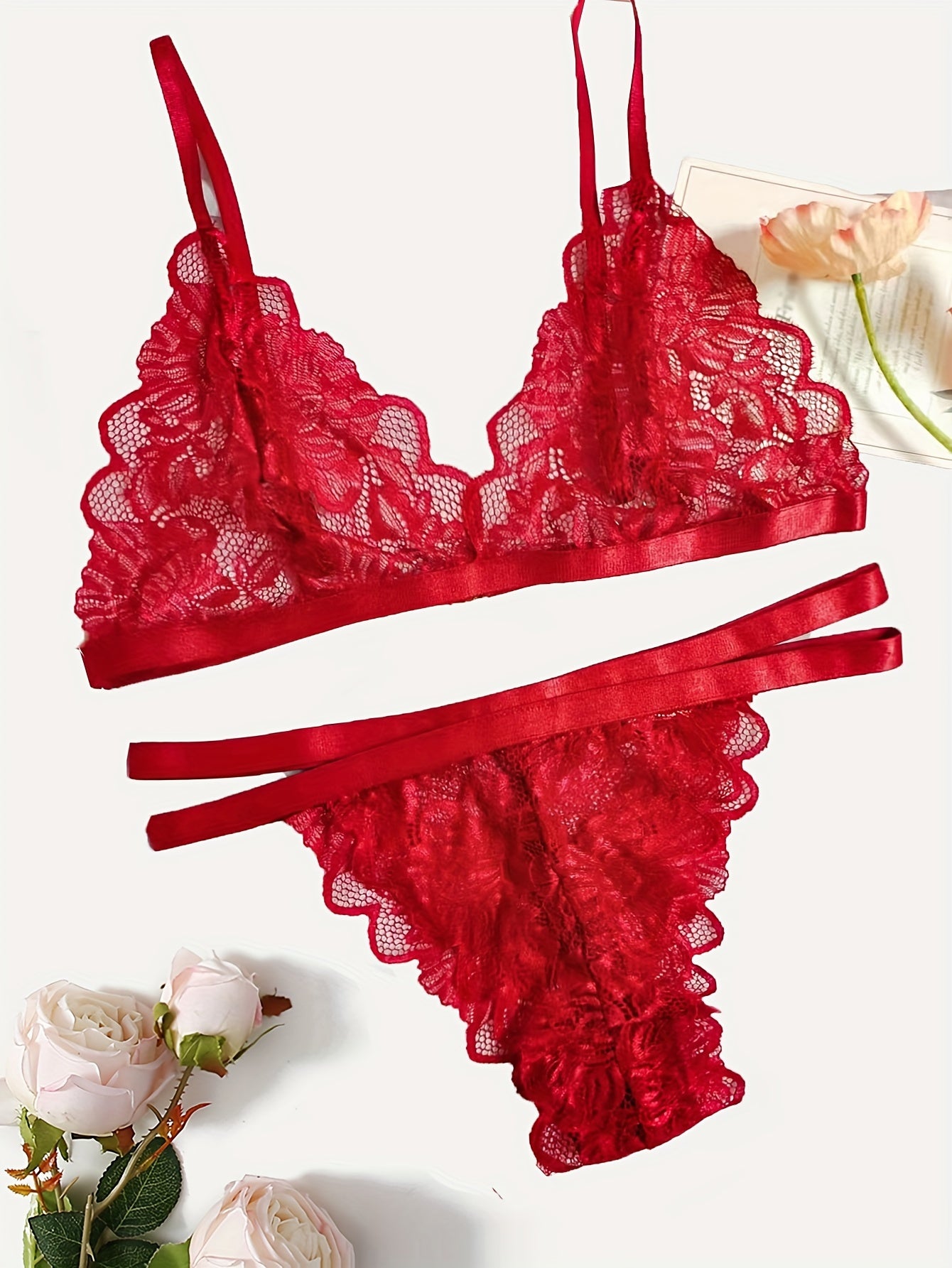 Sexy Floral Lace Lingerie Set - Triangle Cups Plunge Bra, Semi-Sheer Panties, Adjustable Straps, Comfortable Fit - Womens Romantic Underwear for Date Night or Special Occasions - Lena & Miles Exquisite Boutique LLC.