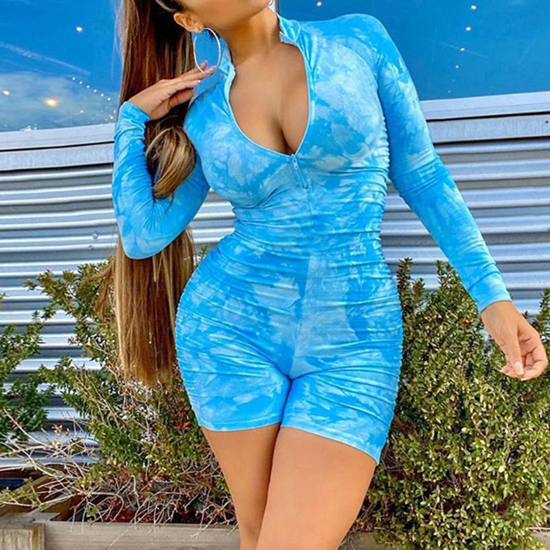 New Tie Dye Print Long Sleeve Jumpsuit Women Elegance Bright Pink Skinny Ruched Playsuit Workout Active Wear Biker Shorts Romper - Lena & Miles Exquisite Boutique LLC.