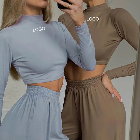 Custom Women Clothing Casual Fashion Pajama Suits Plain Women 2-pieces Set Long Sleeves Crop Top Wide Leg Pants Set 2 Piece Sets