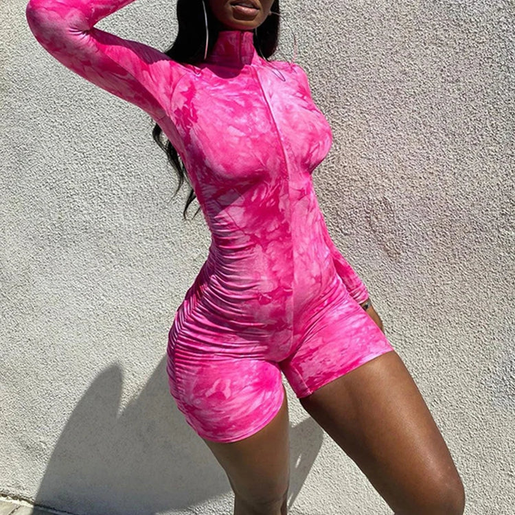 New Tie Dye Print Long Sleeve Jumpsuit Women Elegance Bright Pink Skinny Ruched Playsuit Workout Active Wear Biker Shorts Romper - Lena & Miles Exquisite Boutique LLC.
