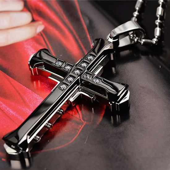 SUMENG 2025 New Male Crystal Cross Jesus Pendant Gold/Black/Blue Color Zirconia Necklace Stainless Steel Jewelry