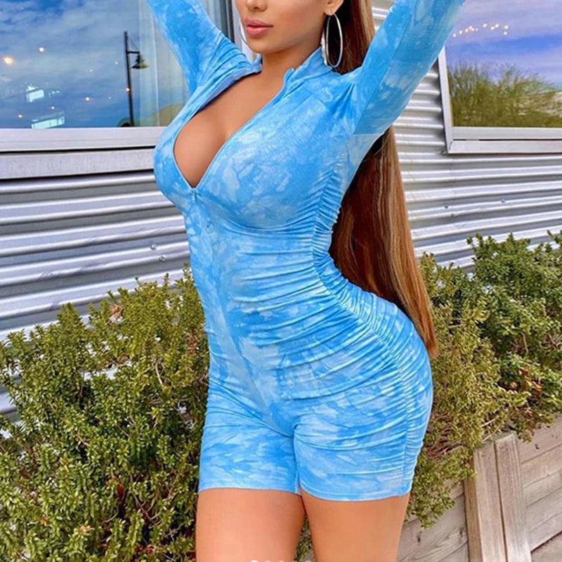 New Tie Dye Print Long Sleeve Jumpsuit Women Elegance Bright Pink Skinny Ruched Playsuit Workout Active Wear Biker Shorts Romper - Lena & Miles Exquisite Boutique LLC.