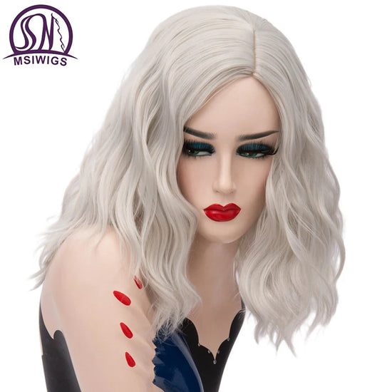 MSIWIGS Short Silver White Synthetic Wigs for Women Cosplay Party Bob Middle Line