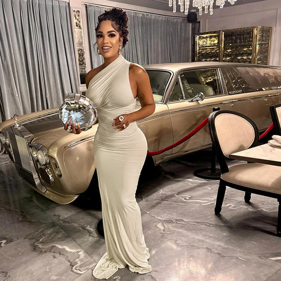59691 Fashion Slanted Collar Dress Sleeveless Elegant Lady Maxi Dresses