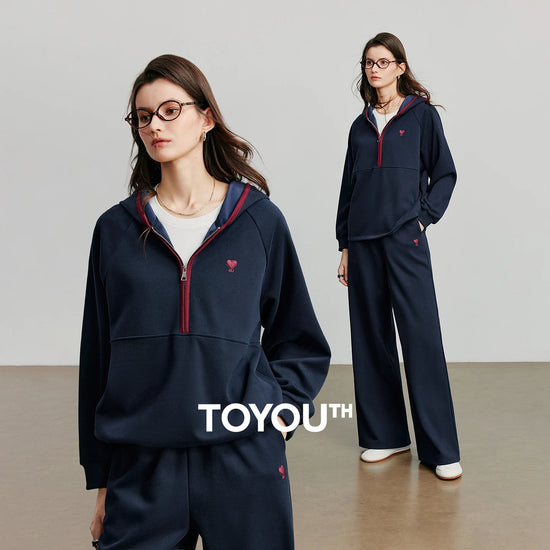 TOYOUTH Women Two Piece Casual Sets 2025 Autumn New American Style Cotton Contrasting Splicing Sweatshirt With Casual Pants Spor