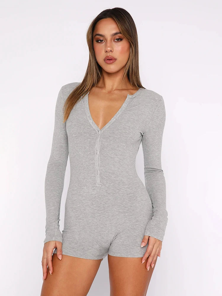 Sibybo Basics Ribbed Playsuit Casual Long Sleeves Button Top Fashion Solid Color High Waist Skinny Playsuit Autumn Women Clothes - Lena & Miles Exquisite Boutique LLC.