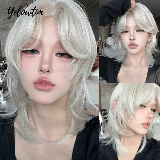YELOWTIM Short Lace Front Wigs with Bangs Synthetic Straight Anime For Women Black Gray White Hair Cosplay Wig for Daily Party