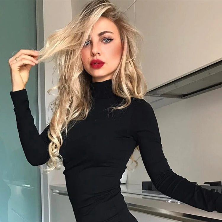 Women Black Long Sleeve Bodysuit Autumn Winter Turtleneck Bodysuits Womens Sexy Bodycon High Waist Romper Body Femee - Lena & Miles Exquisite Boutique LLC.