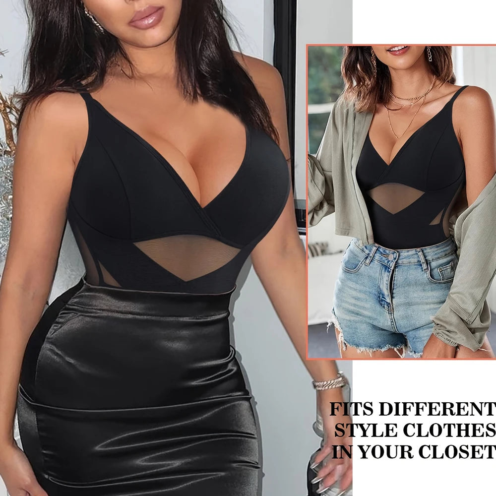 Women Tummy Control Body Shaper Mesh Slimming Waist Briefs Bodysuit V Neck Body Shaper Butt Lifter Smooth Body with Built in Bra - Lena & Miles Exquisite Boutique LLC.