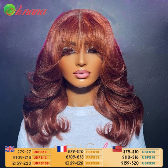 Reddish Brown Colored Body Wave With Bangs 13x6 Lace Frontal Wig Brazilian Remy Human Hair Wig For Women 5x7 Lace Closure Wigs
