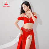 Belly Dance Professional Suit for Women Mesh Short Sleeves Top+sexy Split Long Skirt 2pcs Girl&