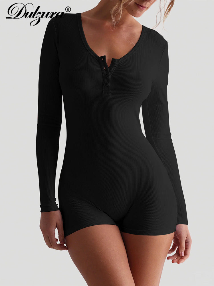 Dulzura Skinny Long Sleeve Playsuits Solid Bodycon Jumpsuits Rompers Evening Party Club Holiday Workout Sport Women Clothes Y2K - Lena & Miles Exquisite Boutique LLC.