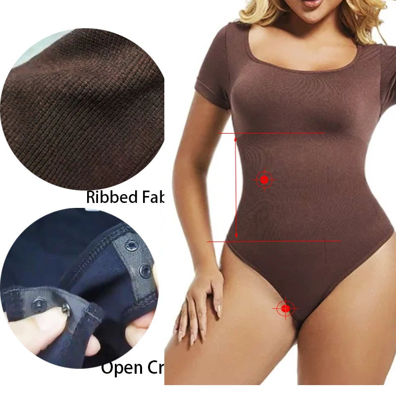 GUUDIA Short Sleeve Open Crotch Big U Neck Seamless Shapers Spandex Elastic Body Suit Shapewear Women Body Shaper Tummy Control - Lena & Miles Exquisite Boutique LLC.