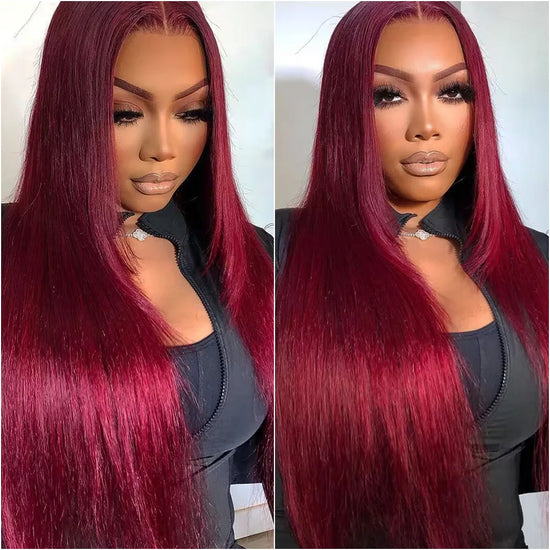 28 32 36 Inches 99J Colored Lace Front Human Hair Wig Straight Burgundy 13x6 HD Transparent Lace Frontal Wigs Red Wigs For Women