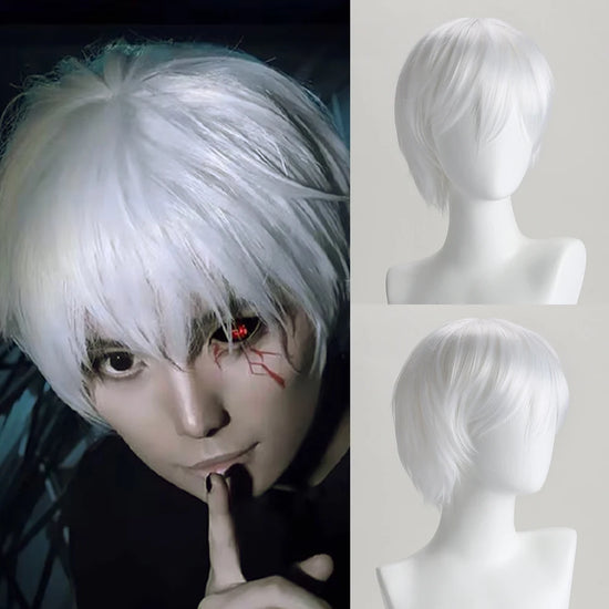 10 Inch Synthetic Wigs Pure White Short Curly Wig Anime Hatter for Cosplay Halloween Costume Party