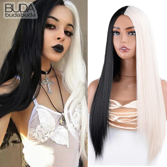 Synthetic Half Black Half White Two Tone Cosplay Wig 28Inch Long Straight Bicolor Wig Hair Middle Parting For Women Daily Party