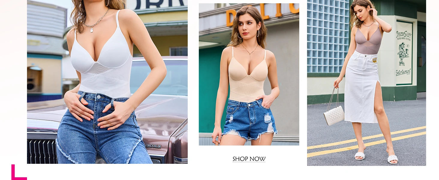 Women Tummy Control Body Shaper Mesh Slimming Waist Briefs Bodysuit V Neck Body Shaper Butt Lifter Smooth Body with Built in Bra - Lena & Miles Exquisite Boutique LLC.