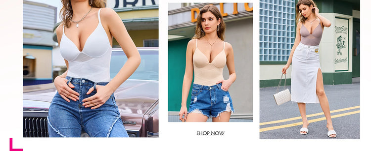 Women Tummy Control Body Shaper Mesh Slimming Waist Briefs Bodysuit V Neck Body Shaper Butt Lifter Smooth Body with Built in Bra - Lena & Miles Exquisite Boutique LLC.