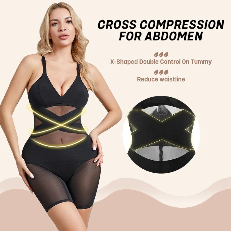 Women Body Shaper Cross Compression Tummy Control Butt Lifter Mesh Shapewear Bodysuit Faja With Open Crotch - Lena & Miles Exquisite Boutique LLC.