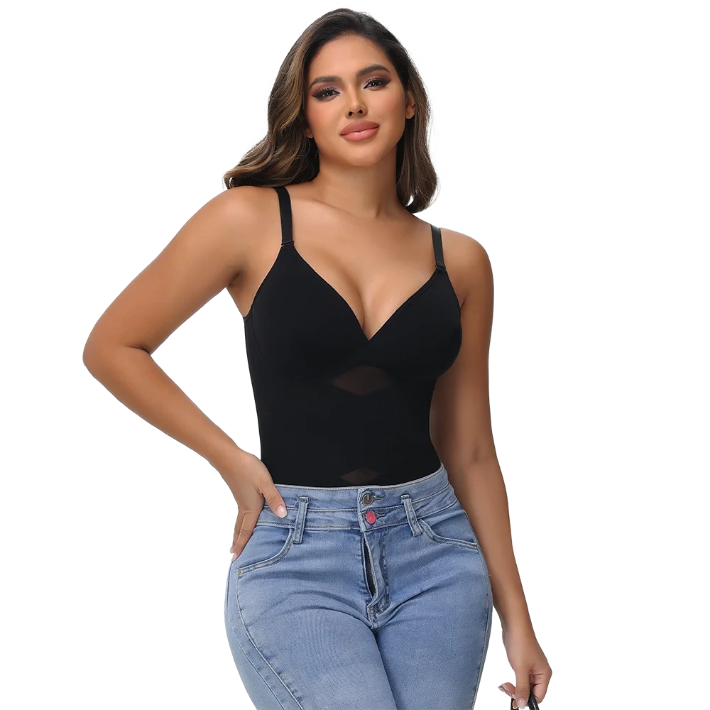 Women Tummy Control Body Shaper Mesh Slimming Waist Briefs Bodysuit V Neck Body Shaper Butt Lifter Smooth Body with Built in Bra - Lena & Miles Exquisite Boutique LLC.