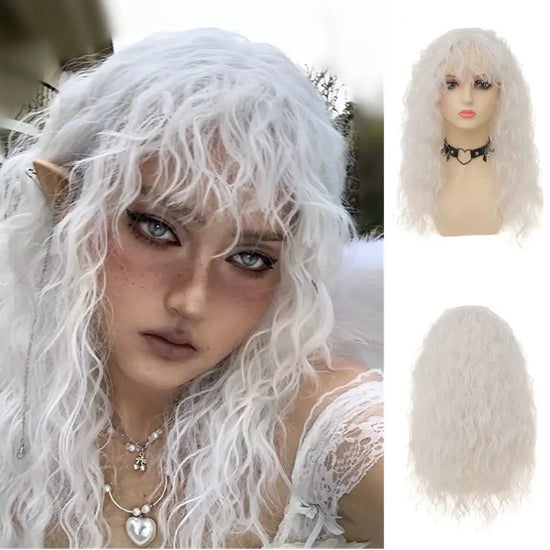 White Synthetic Wigs with Bangs for Women Long Curly Wavy Soft Cosplay Halloween Costume Anime Wig