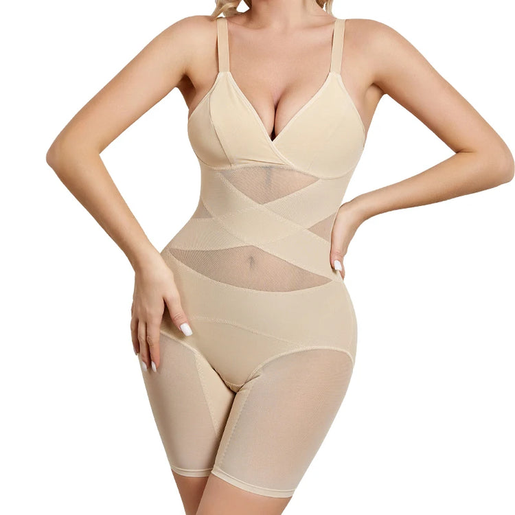 Women Body Shaper Cross Compression Tummy Control Butt Lifter Mesh Shapewear Bodysuit Faja With Open Crotch - Lena & Miles Exquisite Boutique LLC.