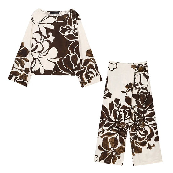 Women 2 Pieces Sets 2025 New Fashion Flower Printed Top Long Pants Set Women&