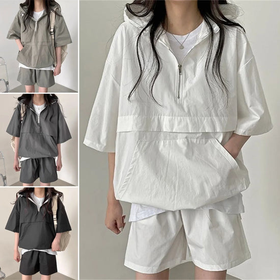 2025 New Hoodie Women Suits 2 Pcs Sets Sport Shorts Set Three-quarter Sleeve Loose Outfit Elastic Waist Lady Outdoor Tracksuit