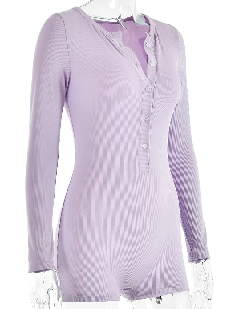 Sibybo Basics Ribbed Playsuit Casual Long Sleeves Button Top Fashion Solid Color High Waist Skinny Playsuit Autumn Women Clothes - Lena & Miles Exquisite Boutique LLC.