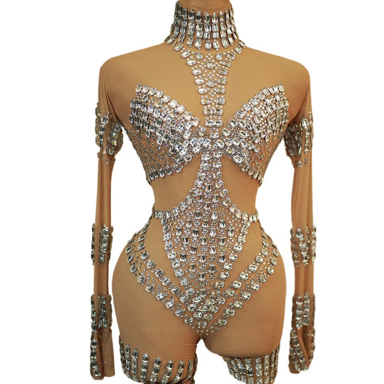 Sparkly Silver Diamonds Jumpsuit Women Sexy Mesh See Through Stretchy Party Birthday Outfit Performance Dance Costume Stage Wear