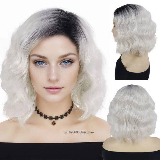 Short Ombre White Synthetic Hair Wigs for Women Wavy Lolita Wig with Bangs Water Wave Dark Roots Wig Daily Cosplay Costume Party