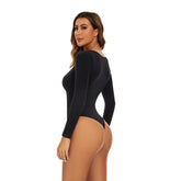 GUUDIA Open Crotch Big U Neck Seamless Bodysuit Long Sleeve Spandex Elastic Body Suit Shapewear Tummy Control Waist Shapers - Lena & Miles Exquisite Boutique LLC.