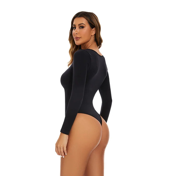GUUDIA Open Crotch Big U Neck Seamless Bodysuit Long Sleeve Spandex Elastic Body Suit Shapewear Tummy Control Waist Shapers - Lena & Miles Exquisite Boutique LLC.