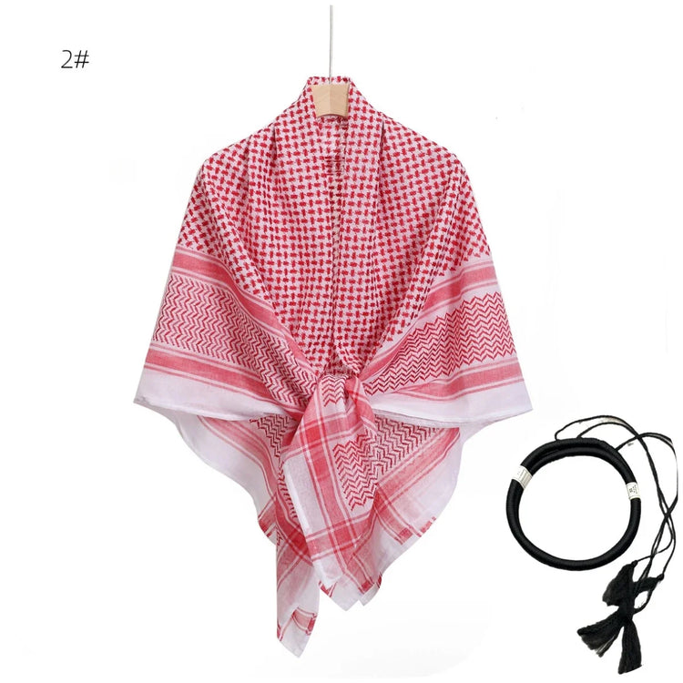 Arab Shemagh Muslim Keffiyeh Head Wrap Tactical Desert Head Neck Scarf Military Shawl Arabic Scarf Headwear with Agal Rope - Lena & Miles Exquisite Boutique LLC.