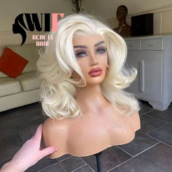 WIF 613Blonde Bob Hair Synthetic Wig Water Wave Blonde Heat Resistant Fiber Lace Front Wigs Women Daily Use Blonde Bob Wig