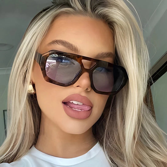 Vintage Square Sunglasses for Women Men Thick Frame Double Bridges Eyewear Female Fashion Chic Polygon Sun Glasses Leopard Blue - Lena & Miles Exquisite Boutique LLC.